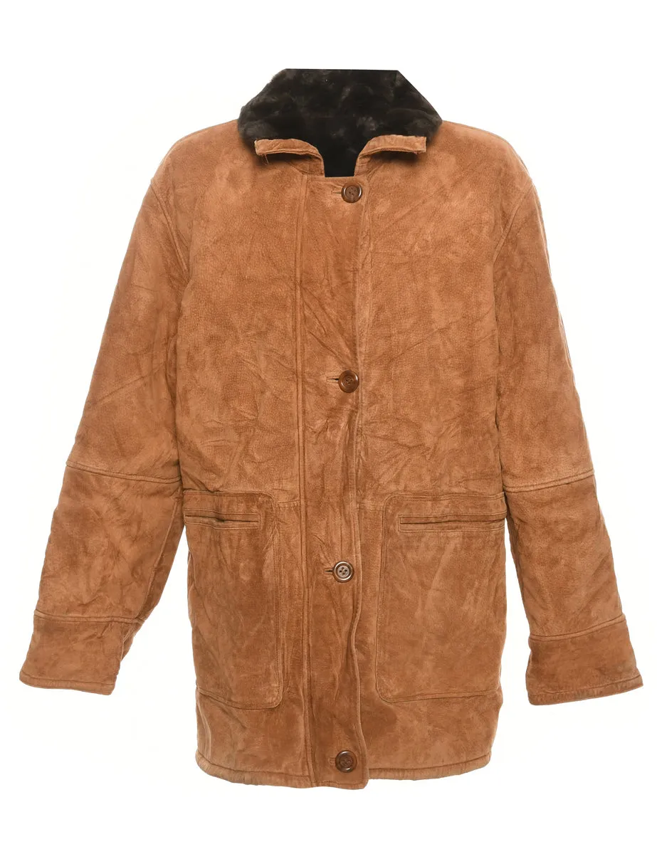 Single Breasted Suede Faux Sherling Coat - M