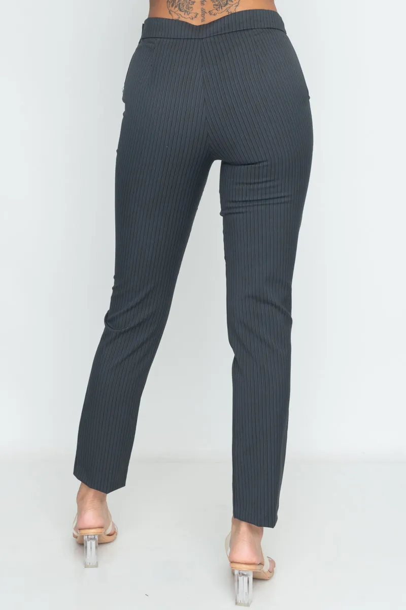 Slim Fit Business Casual Pin Stripe Dress Pants With Belt Loops in Charcoal*l(14415-TW020)