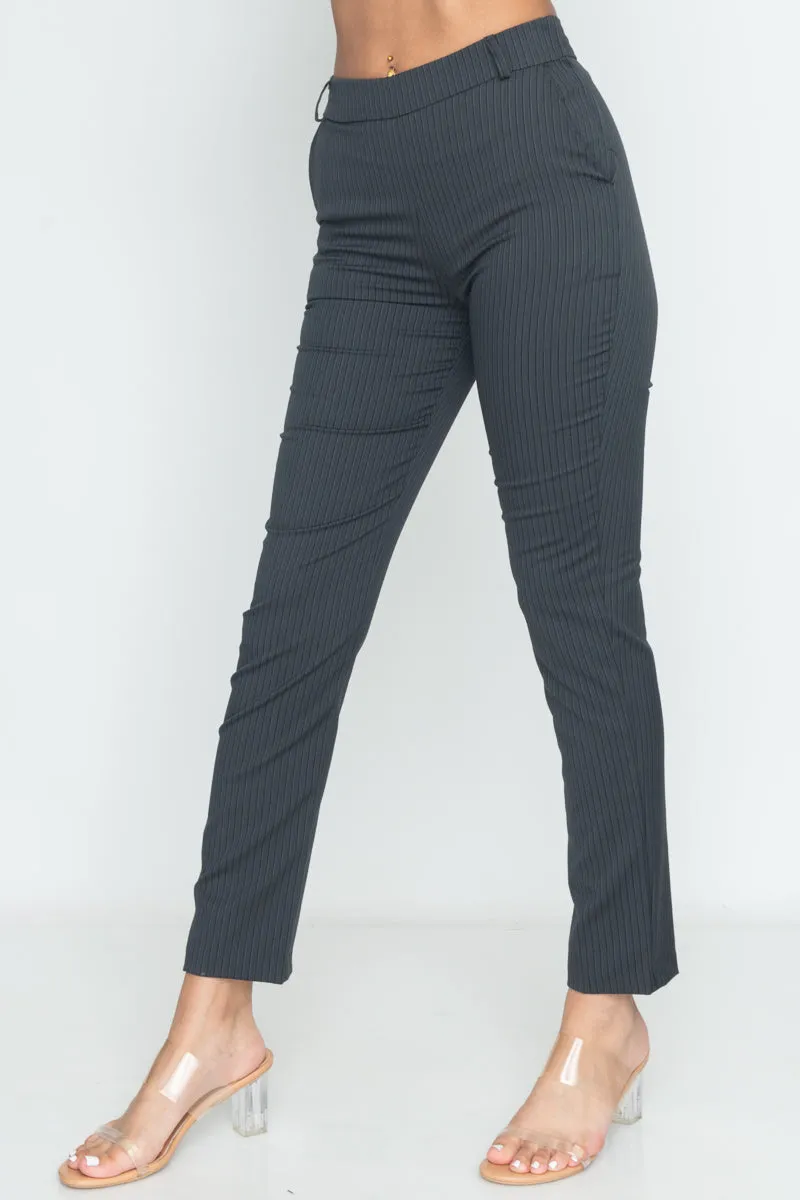 Slim Fit Business Casual Pin Stripe Dress Pants With Belt Loops in Charcoal*l(14415-TW020)