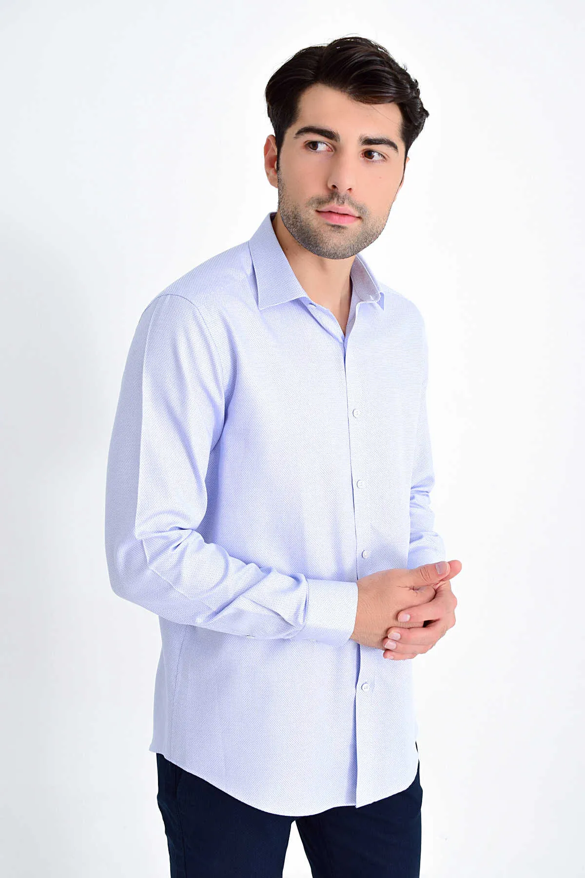 Slim Fit Long Sleeve Patterned Cotton Dress Shirt, Blue D.10