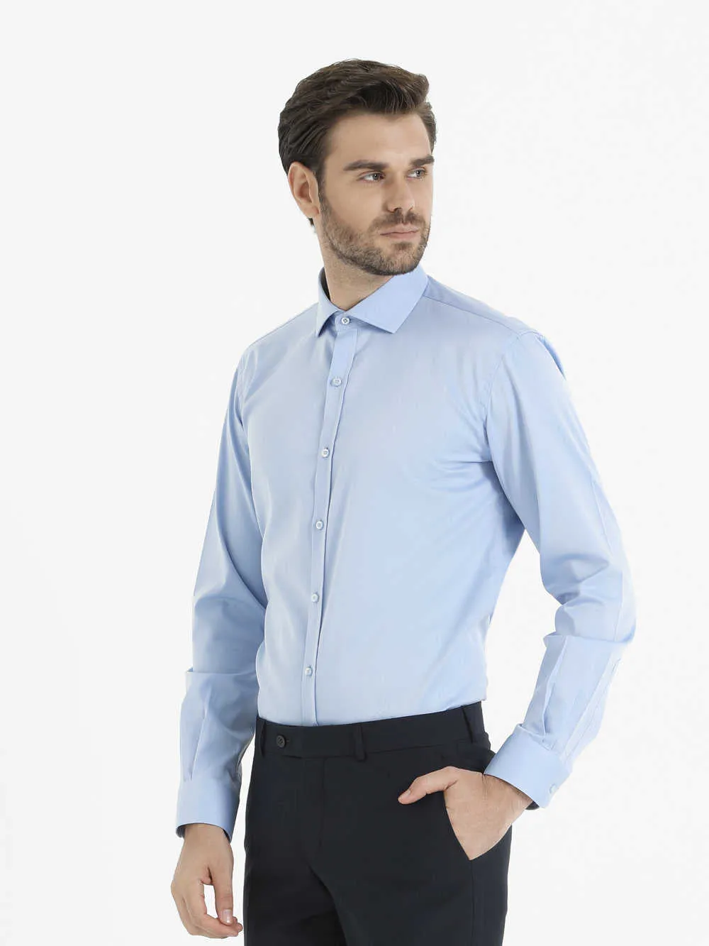 Slim Fit Plain Cotton Blend Light Blue Dress Shirt