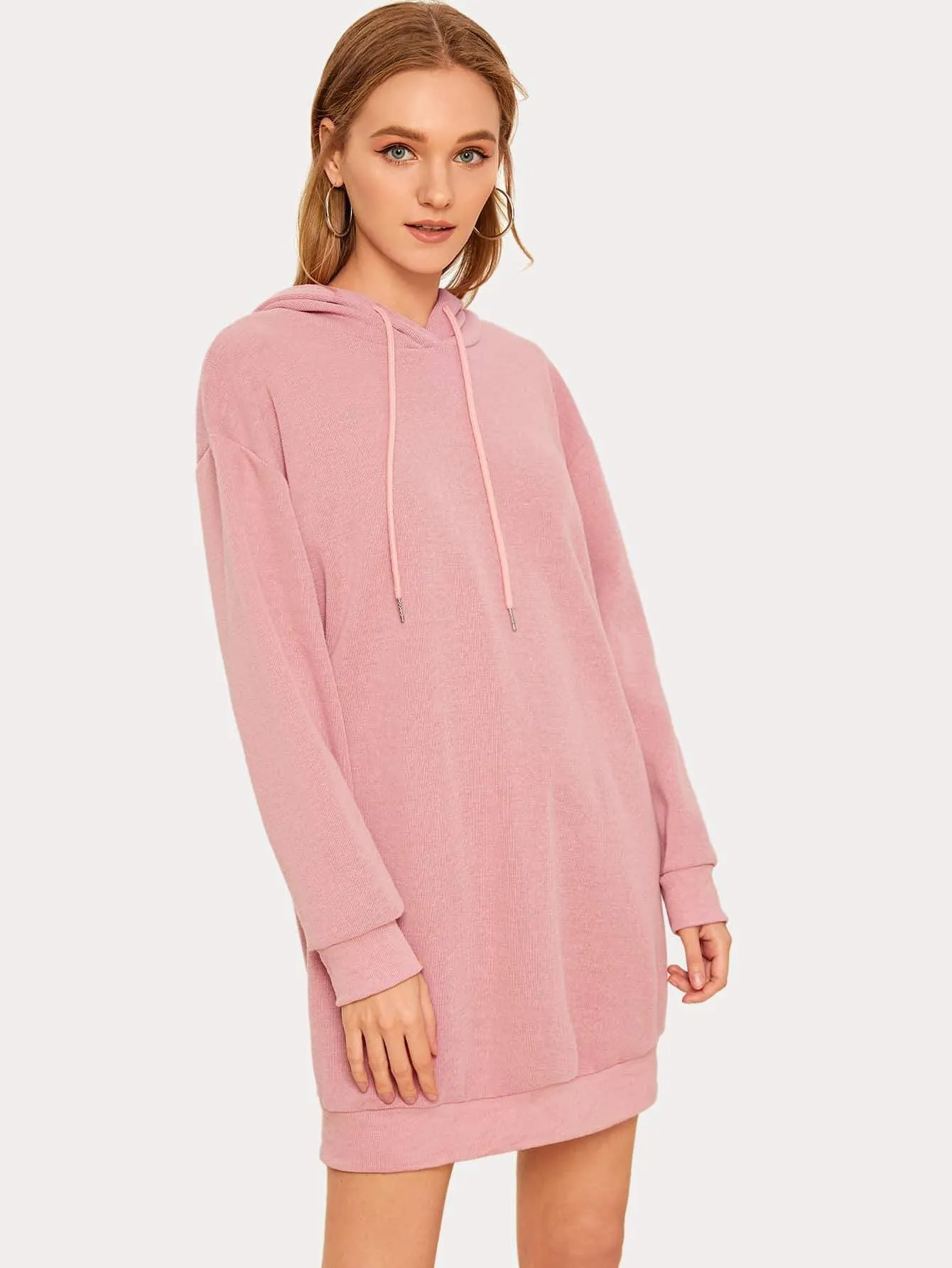 Solid Drop Shoulder Drawstring Hoodie Dress