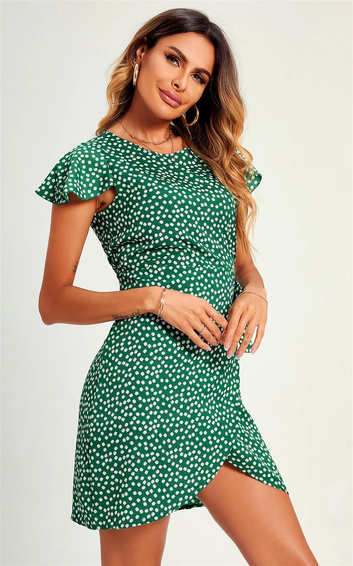 Summer Floral Print Mini Wrap Dress In Green