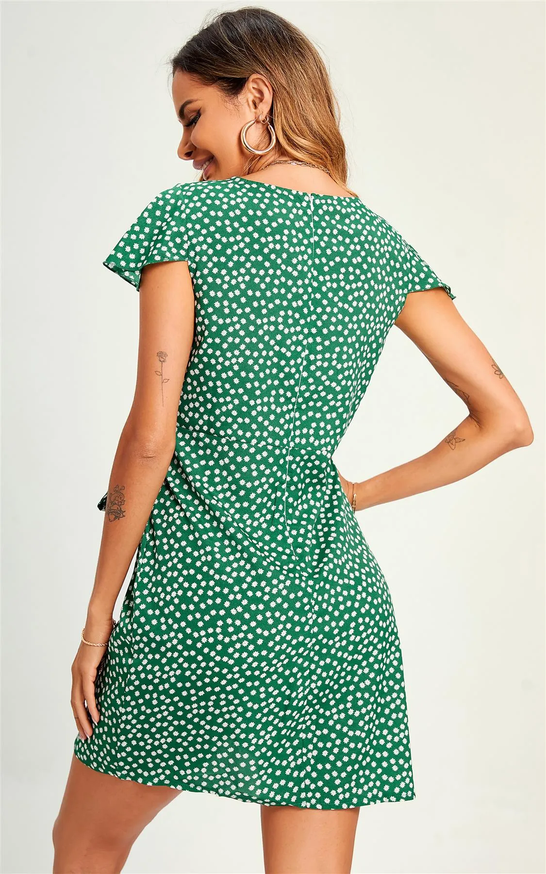 Summer Floral Print Mini Wrap Dress In Green