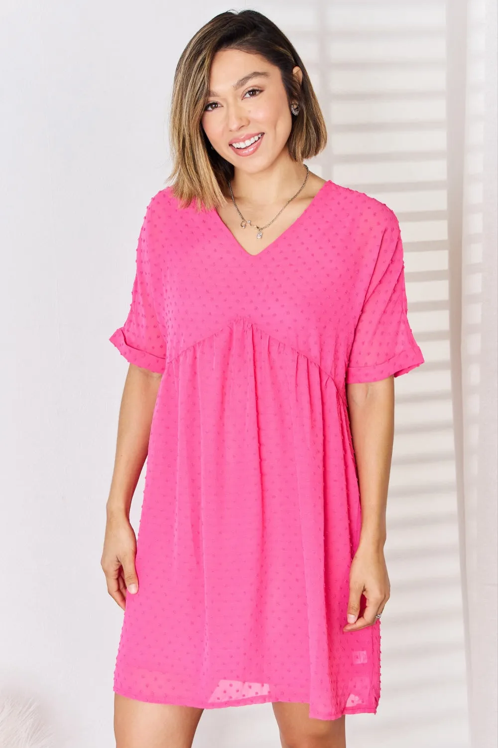 Swiss Dot Babydoll V-Neck Short Sleeve Dress