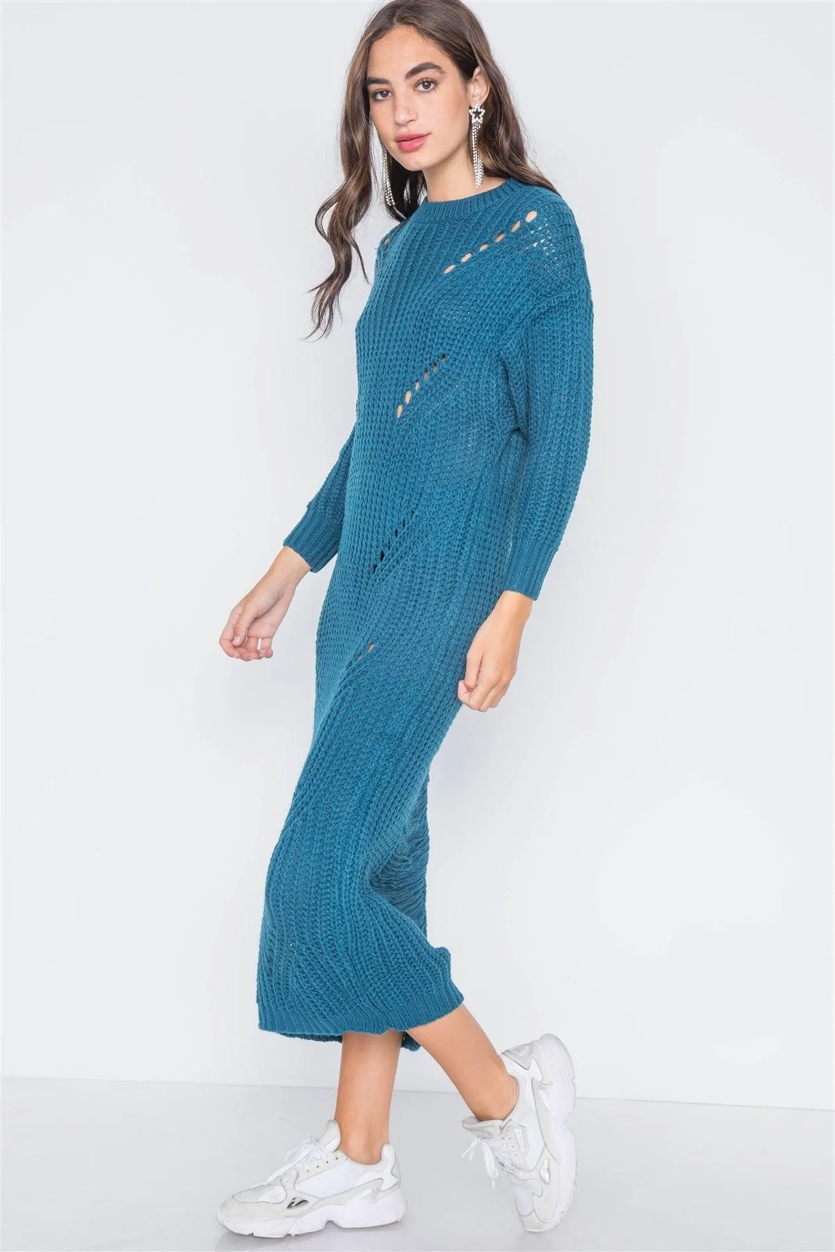 Teal Chunky Knit Long Sleeve Sweater Dress