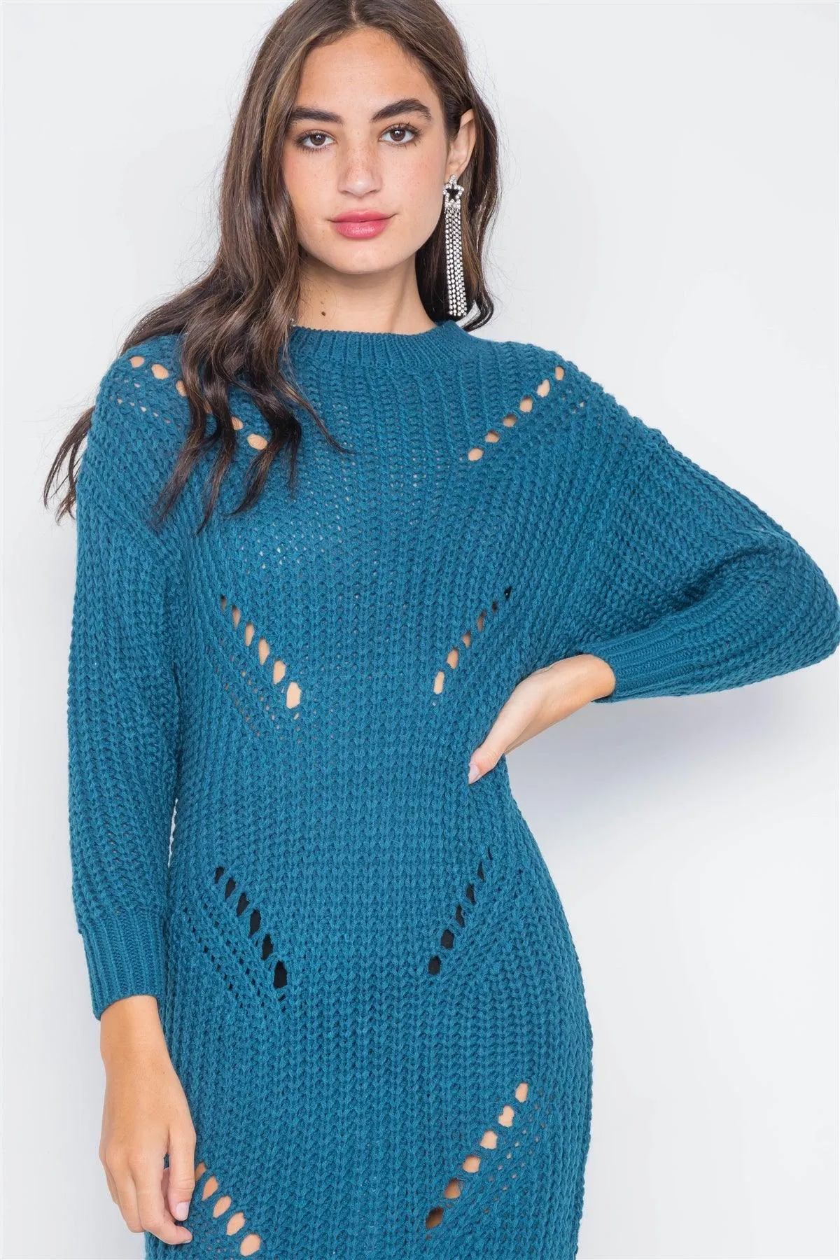 Teal Chunky Knit Long Sleeve Sweater Dress