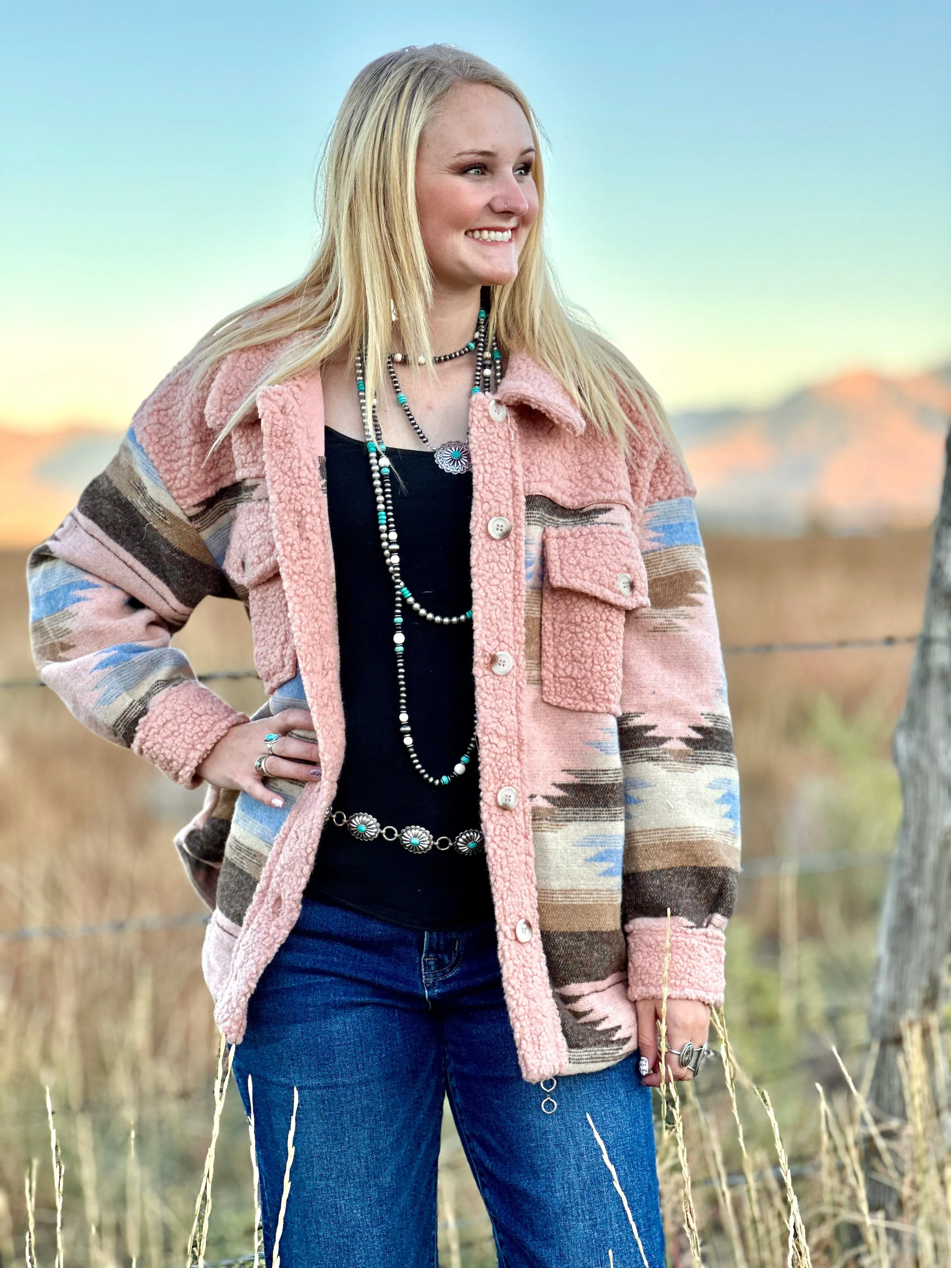 The Aspen Fall Pink Aztec Sherpa Jacket