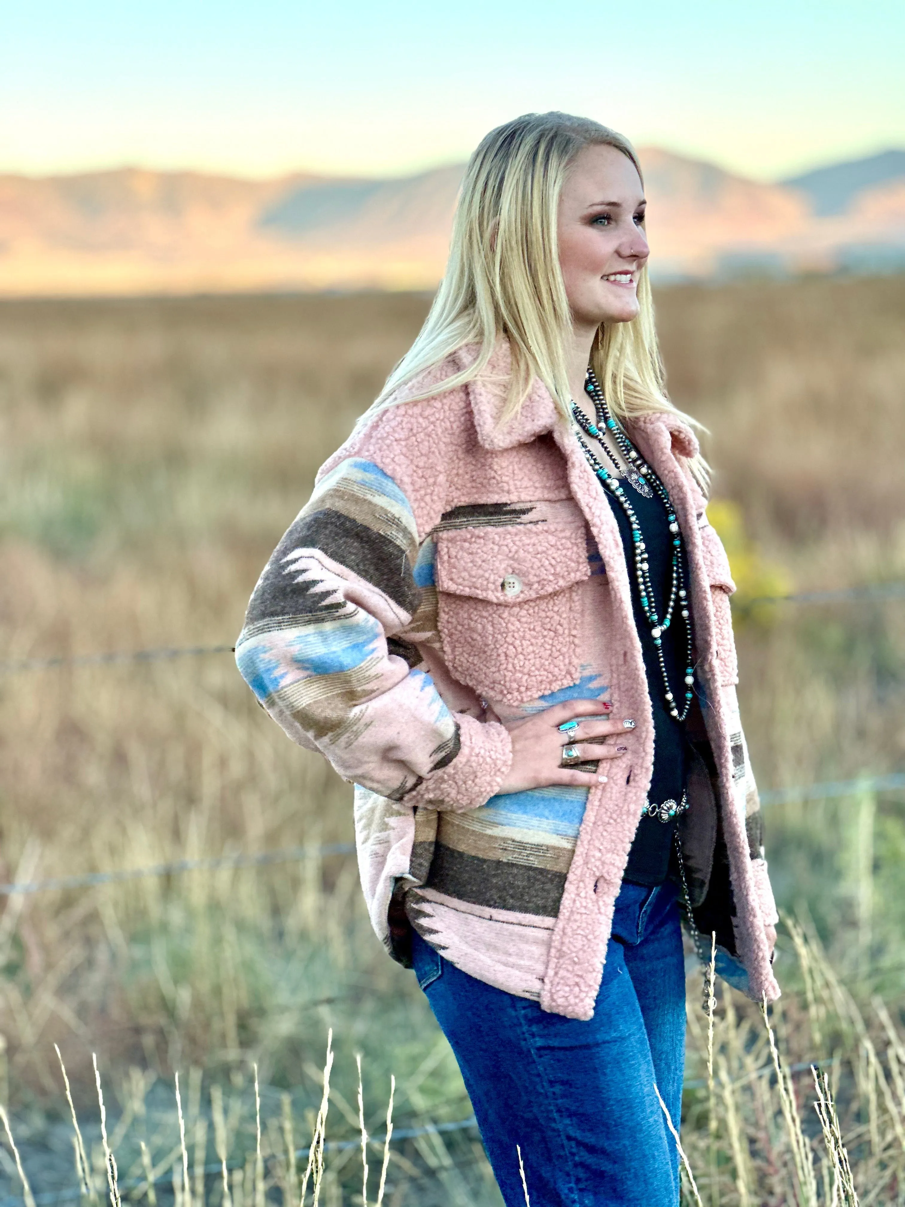 The Aspen Fall Pink Aztec Sherpa Jacket