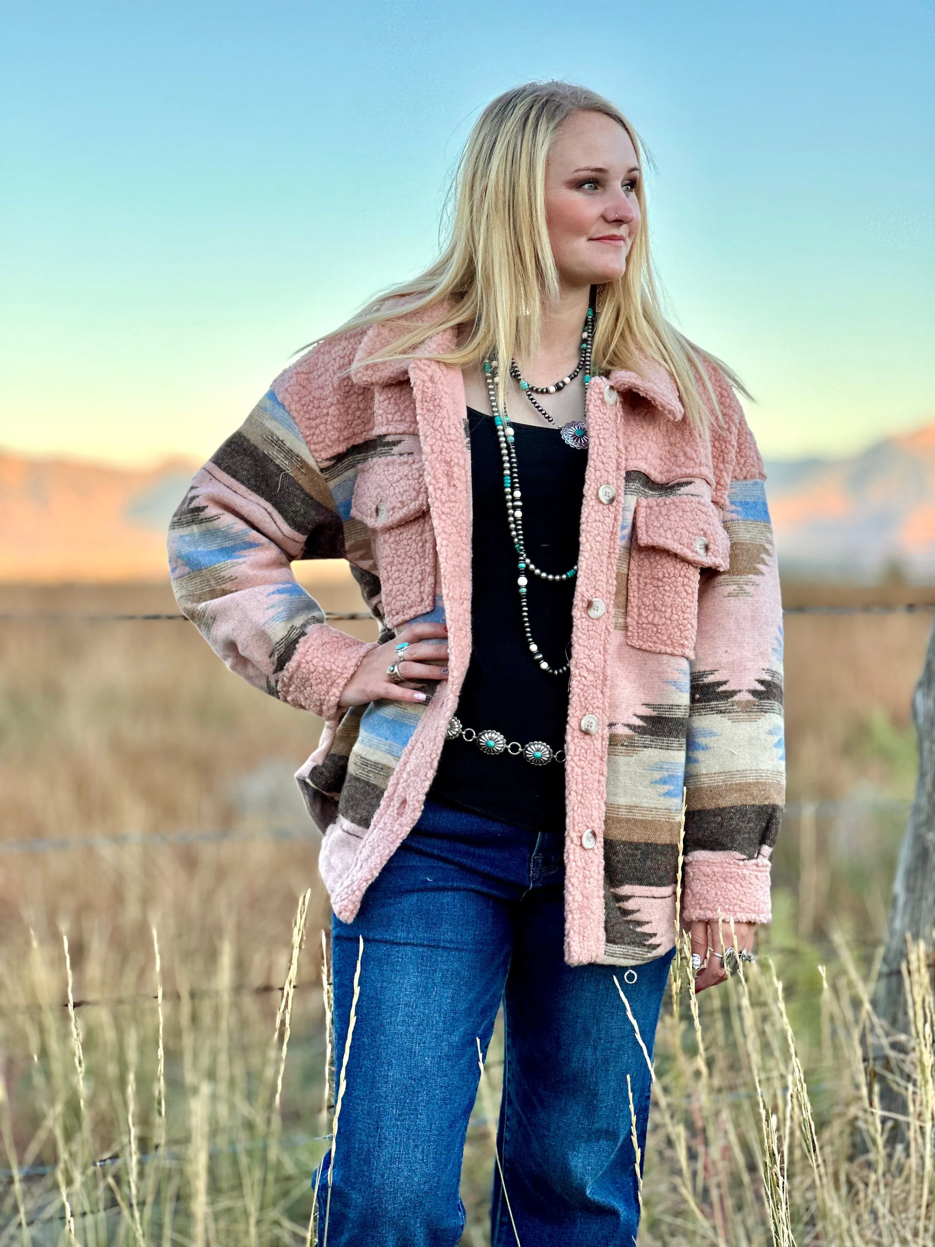 The Aspen Fall Pink Aztec Sherpa Jacket