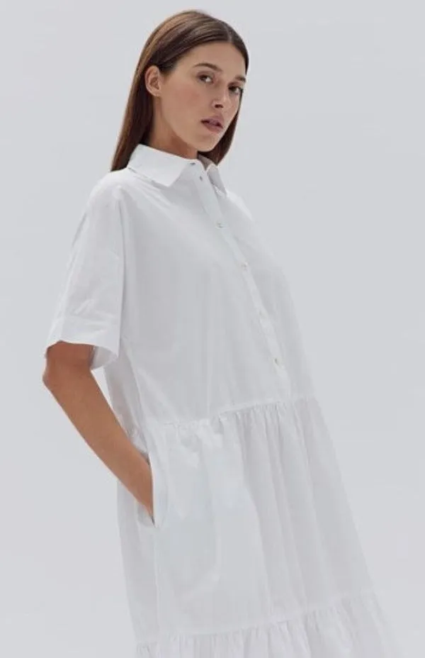 Tiered Poplin Shirt Dress White