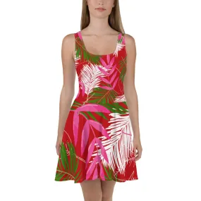 Tropical Leaves Red Skater Dress