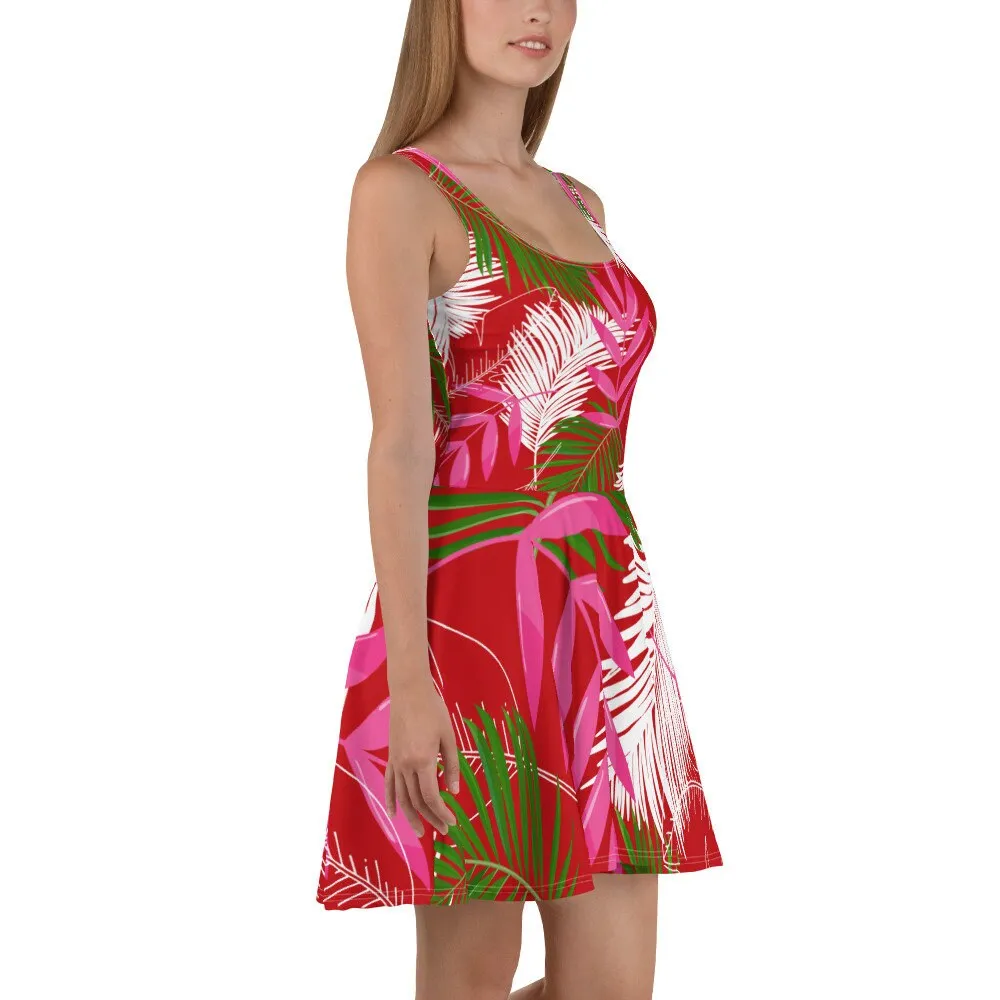 Tropical Leaves Red Skater Dress