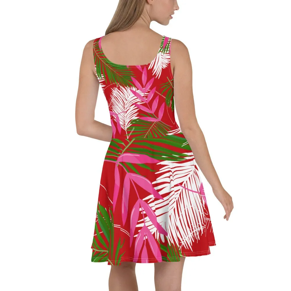 Tropical Leaves Red Skater Dress