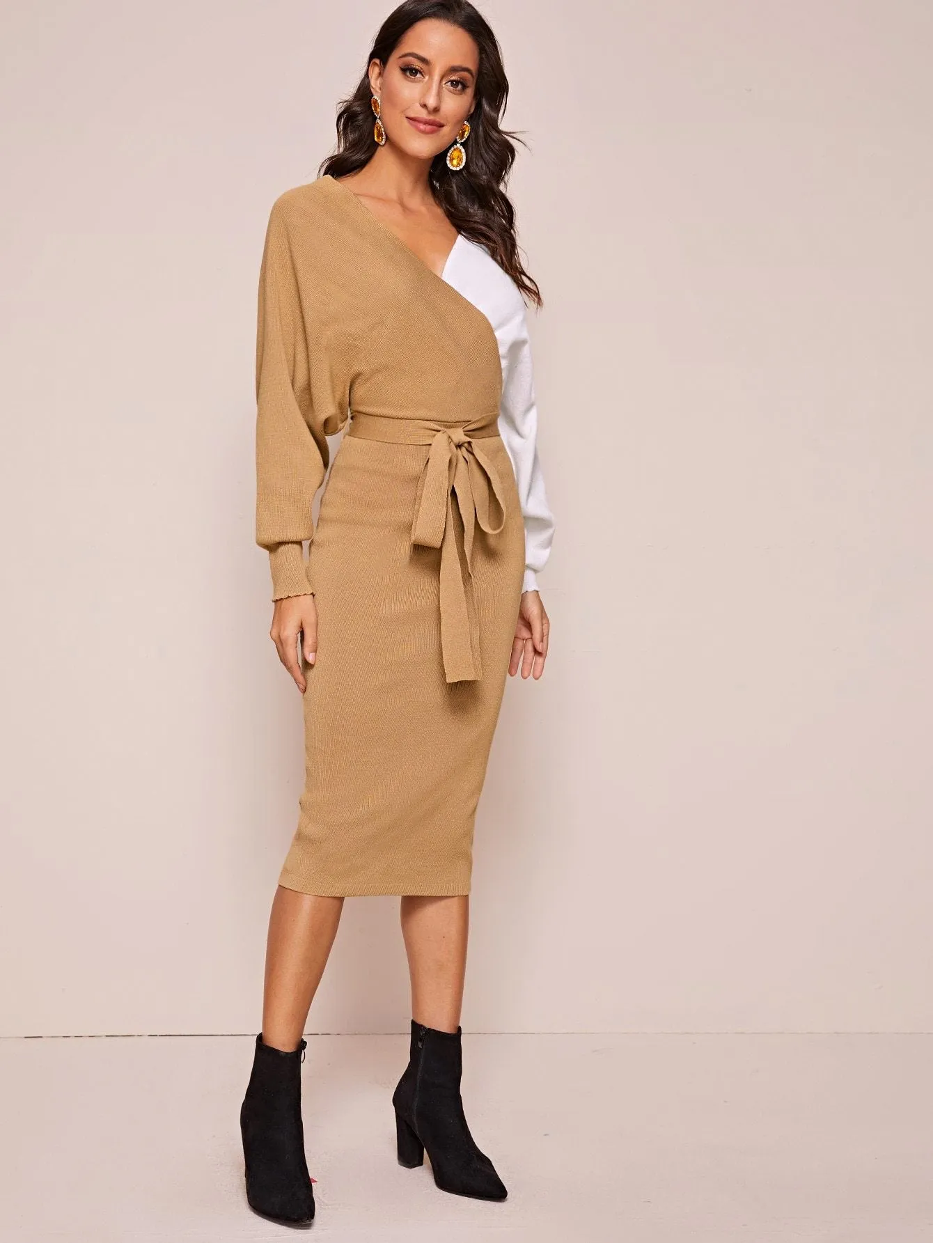 Two Tone Belted Wrap Jumper Dress