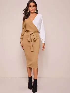 Two Tone Belted Wrap Jumper Dress