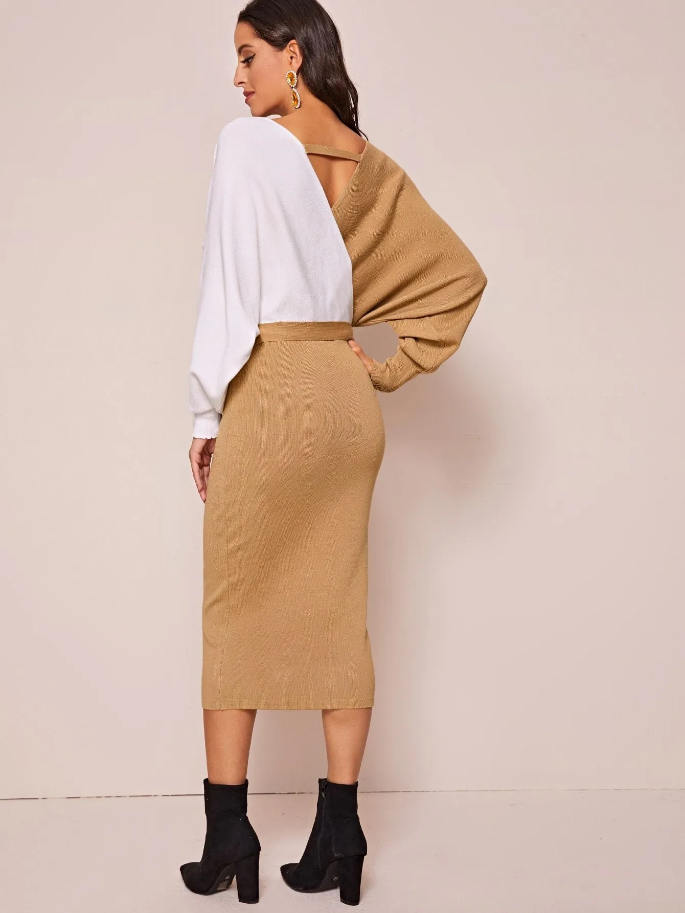 Two Tone Belted Wrap Jumper Dress