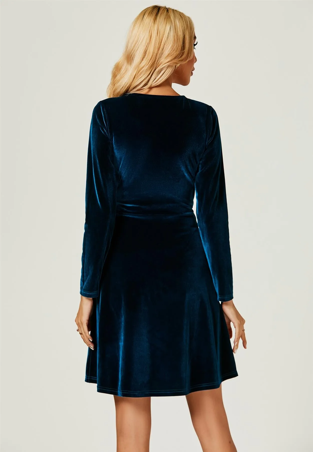 Velvet Wrap Style Long Sleeve Mini Dress In Blue