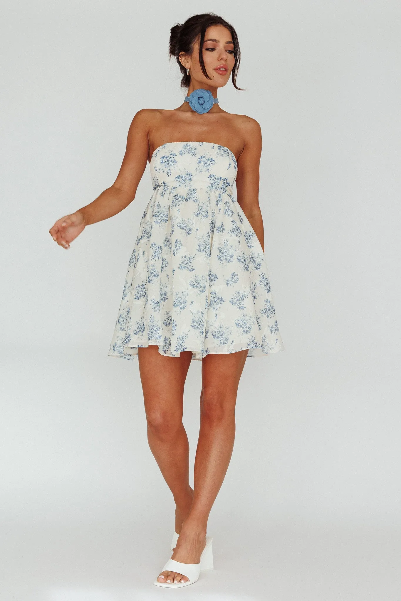 Vitoria Strapless Babydoll Dress Floral Blue