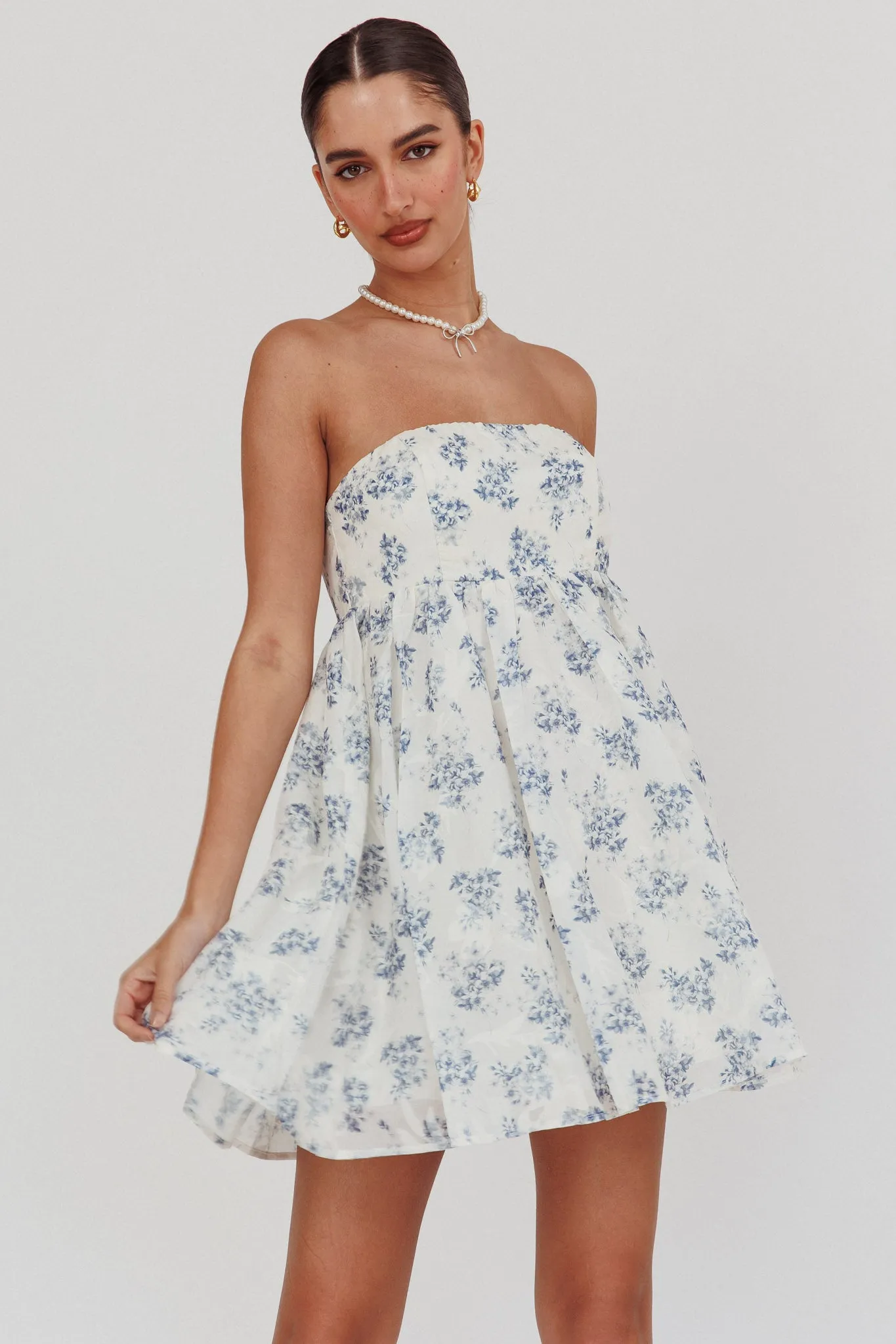 Vitoria Strapless Babydoll Dress Floral Blue