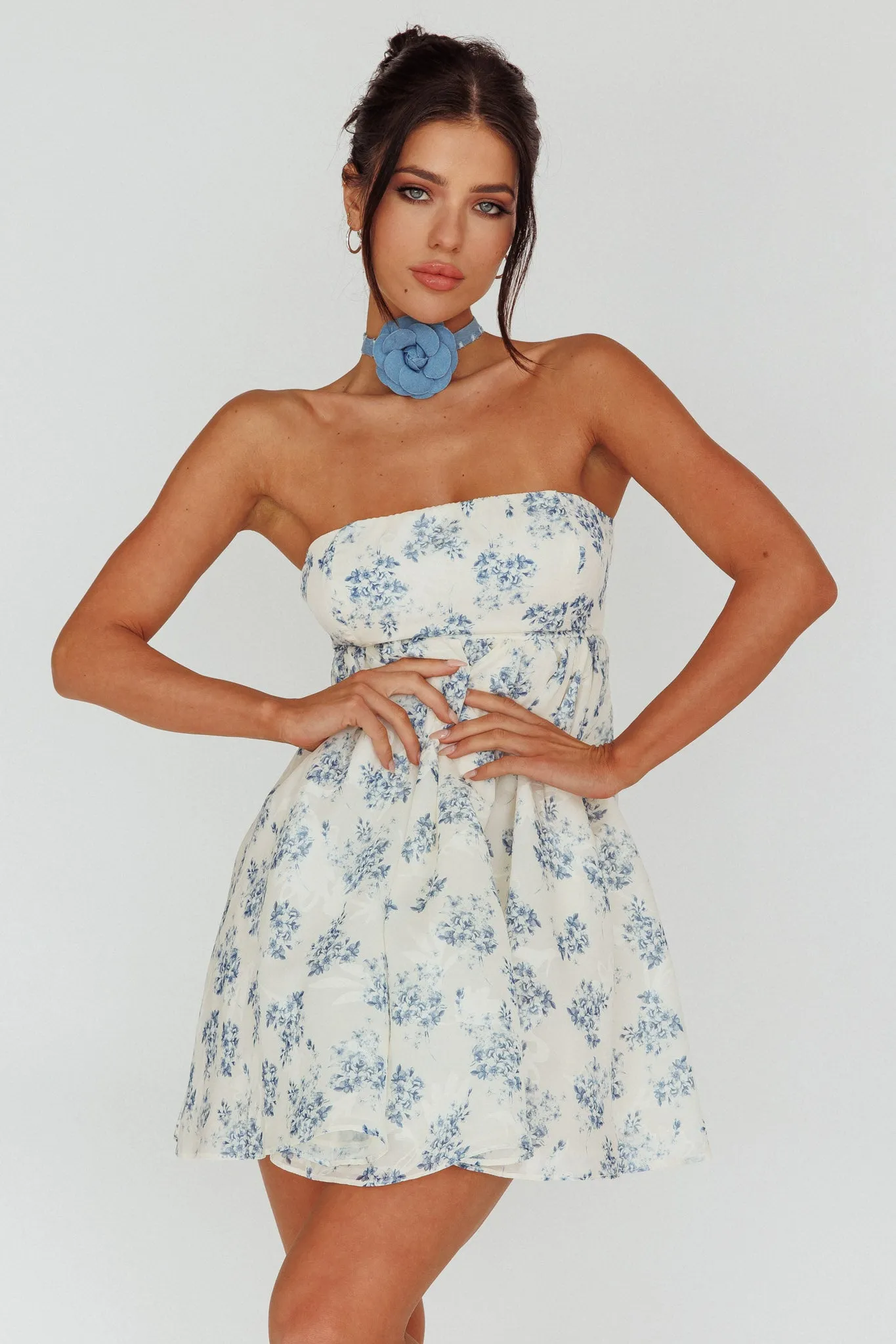 Vitoria Strapless Babydoll Dress Floral Blue