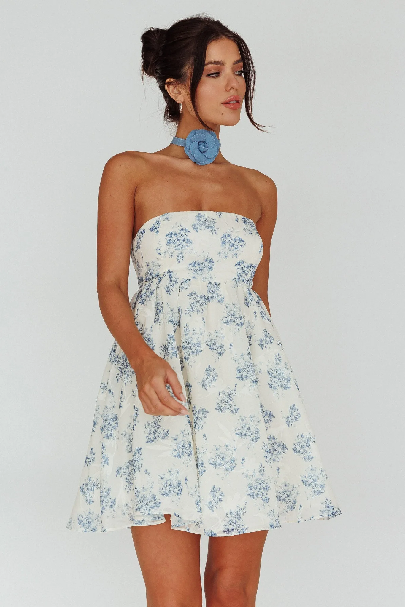 Vitoria Strapless Babydoll Dress Floral Blue