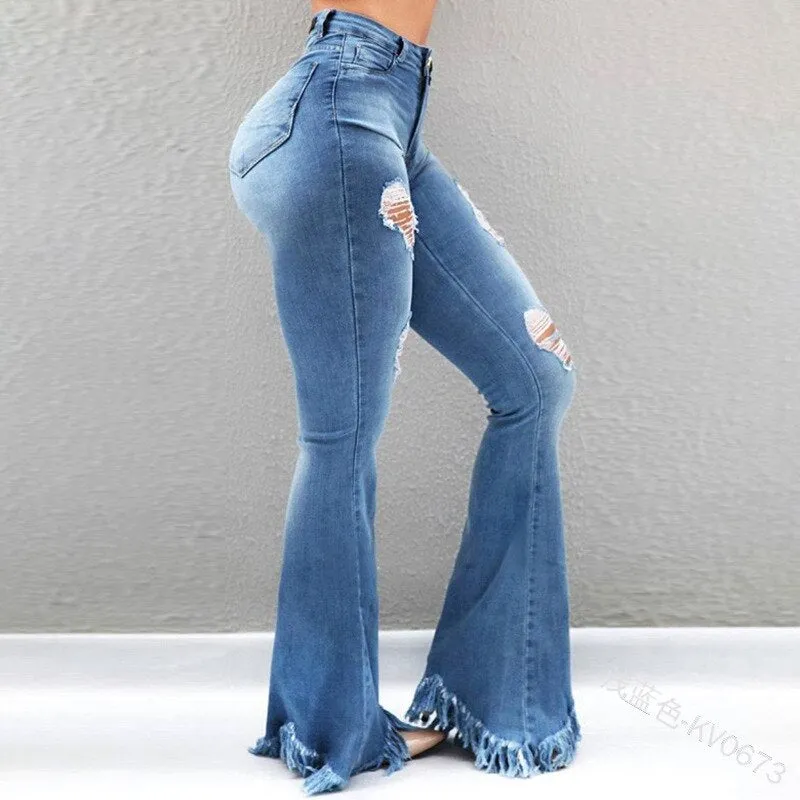 Weigou Ladies Denim Flare Jeans Women ripped Jeans Denim Skinny Jeans Pants Female Wide Leg Hole Jeans