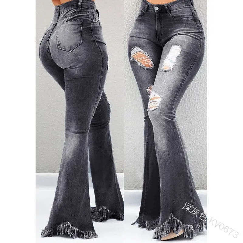 Weigou Ladies Denim Flare Jeans Women ripped Jeans Denim Skinny Jeans Pants Female Wide Leg Hole Jeans