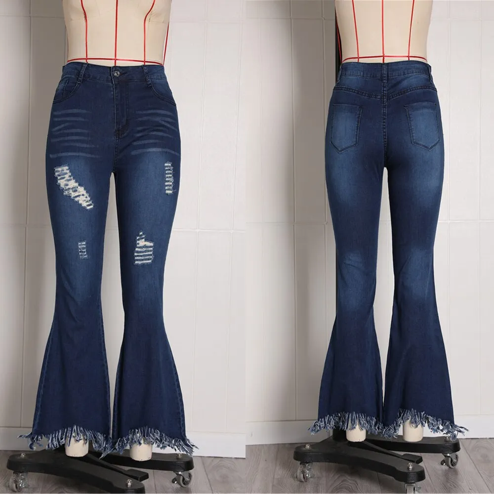 Weigou Ladies Denim Flare Jeans Women ripped Jeans Denim Skinny Jeans Pants Female Wide Leg Hole Jeans