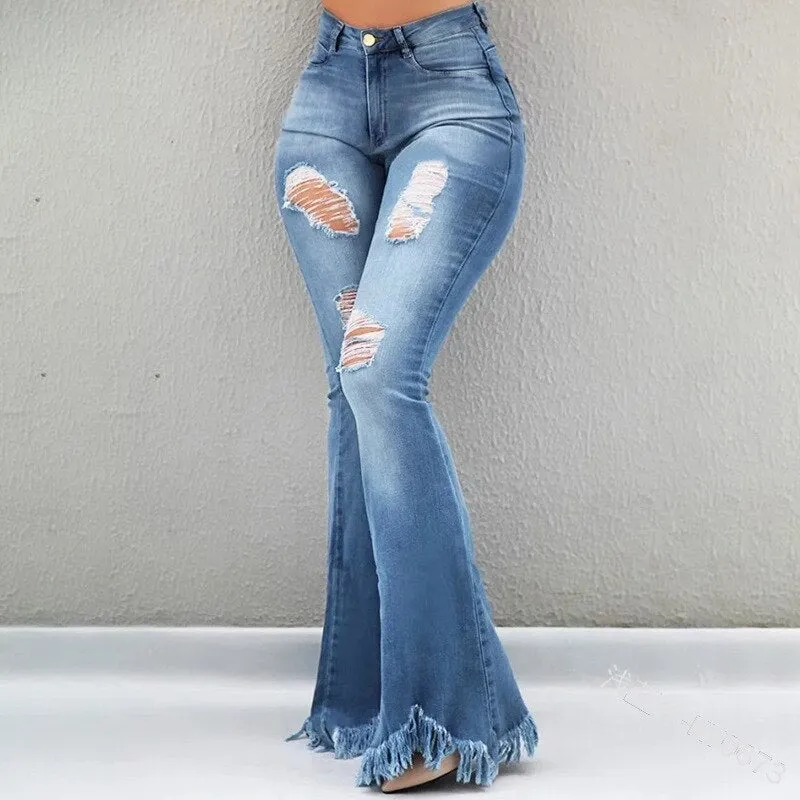 Weigou Ladies Denim Flare Jeans Women ripped Jeans Denim Skinny Jeans Pants Female Wide Leg Hole Jeans