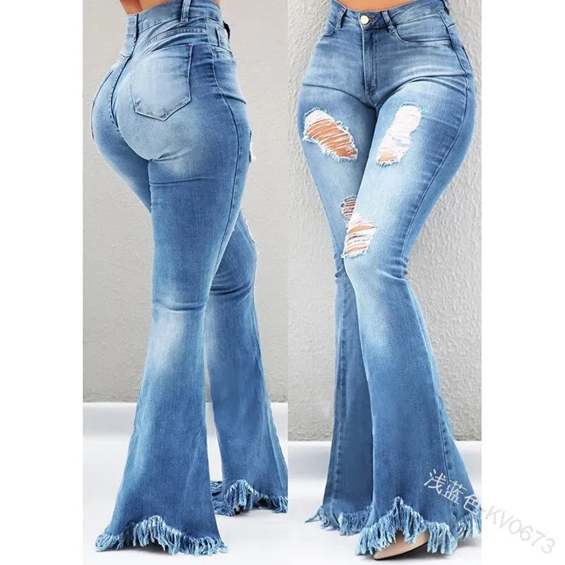 Weigou Ladies Denim Flare Jeans Women ripped Jeans Denim Skinny Jeans Pants Female Wide Leg Hole Jeans