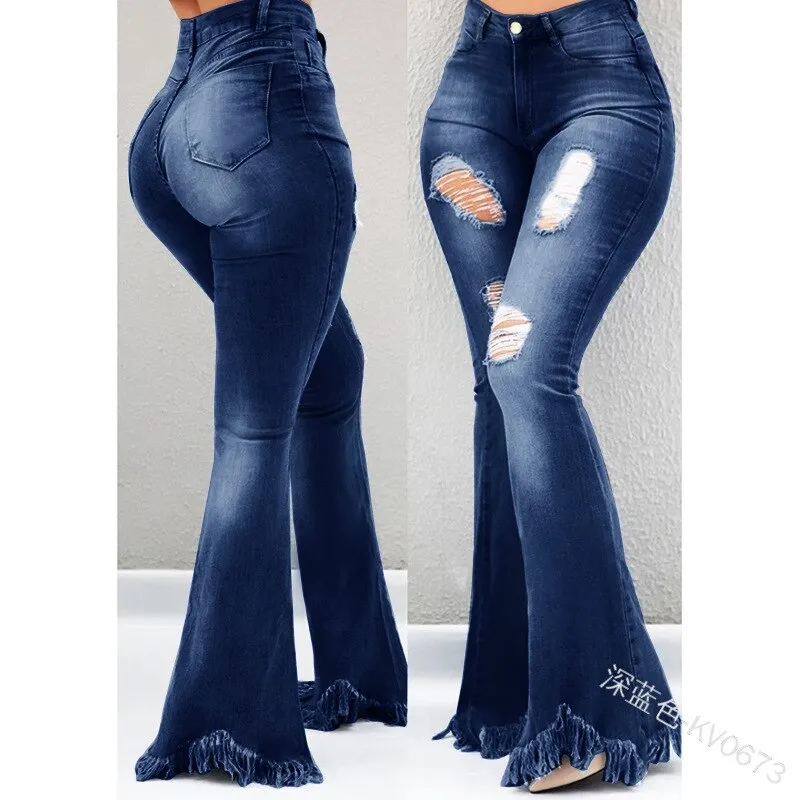 Weigou Ladies Denim Flare Jeans Women ripped Jeans Denim Skinny Jeans Pants Female Wide Leg Hole Jeans