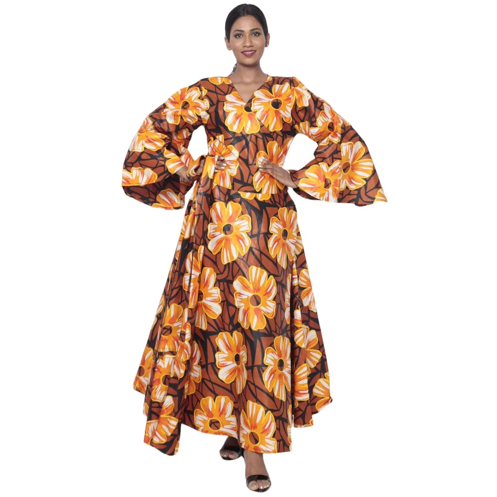 Women's African Printed Long Sleeve Wrap Maxi Dress -- FI-56 FS