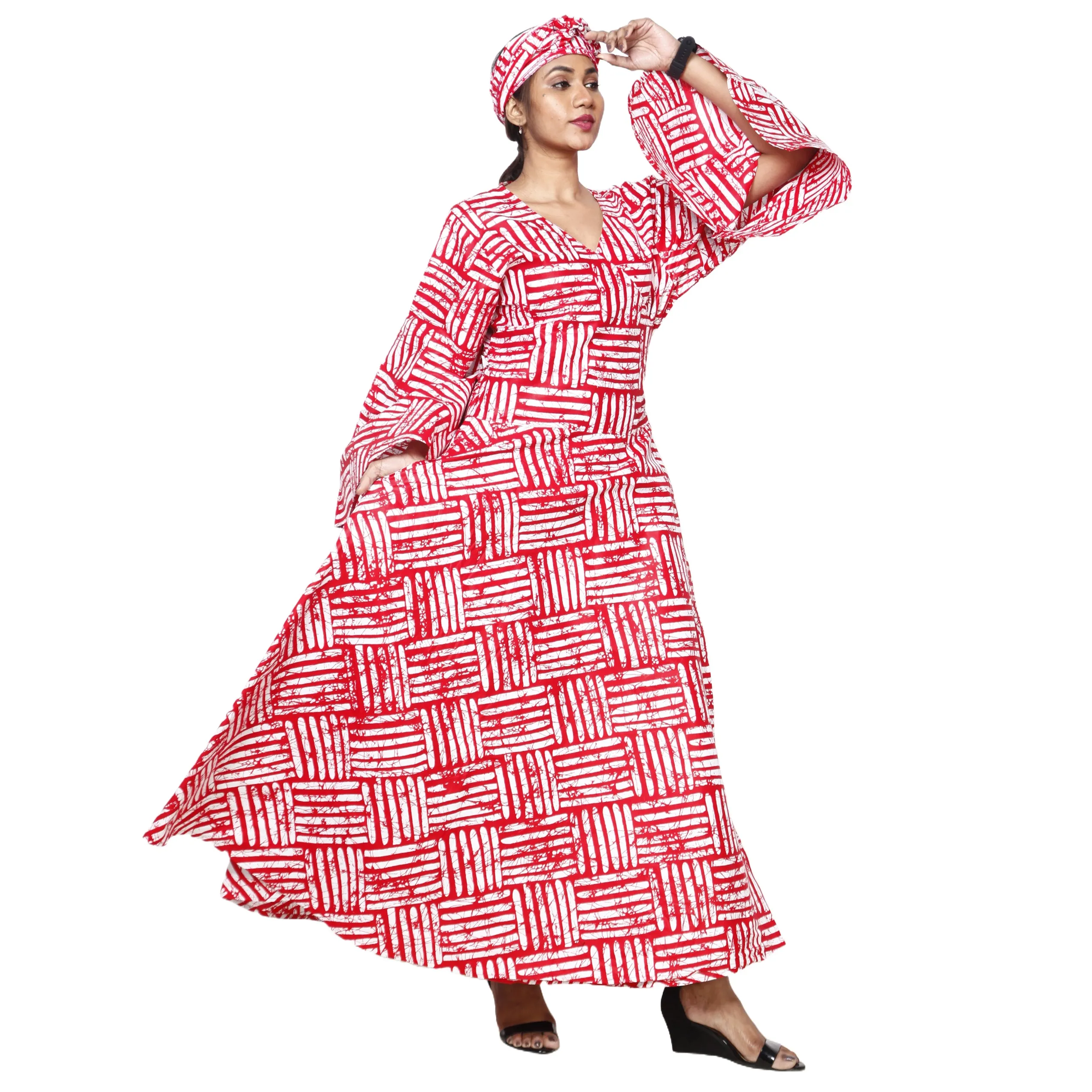 Women's African Printed Long Sleeve Wrap Maxi Dress -- FI-56 FS