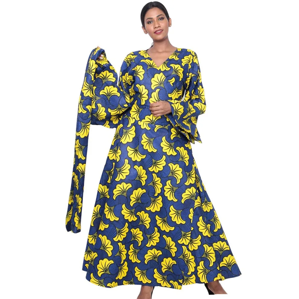 Women's African Printed Long Sleeve Wrap Maxi Dress -- FI-56 FS