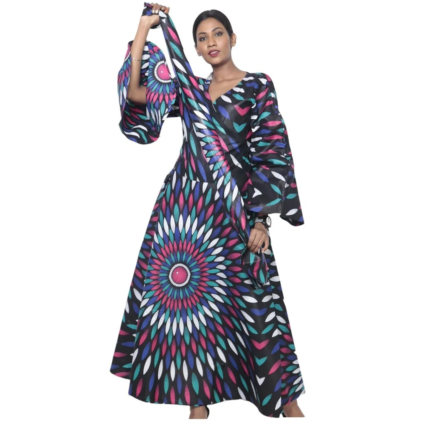 Women's African Printed Long Sleeve Wrap Maxi Dress -- FI-56 FS