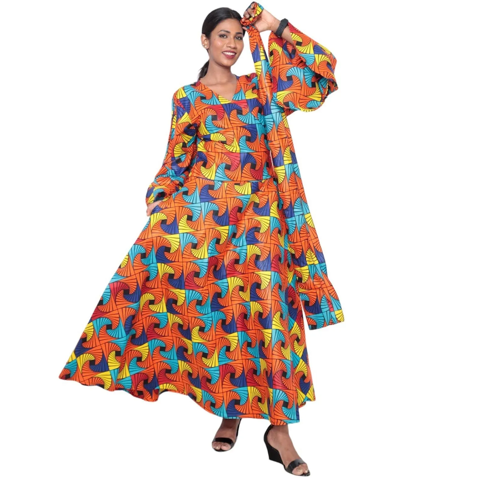 Women's African Printed Long Sleeve Wrap Maxi Dress -- FI-56 FS