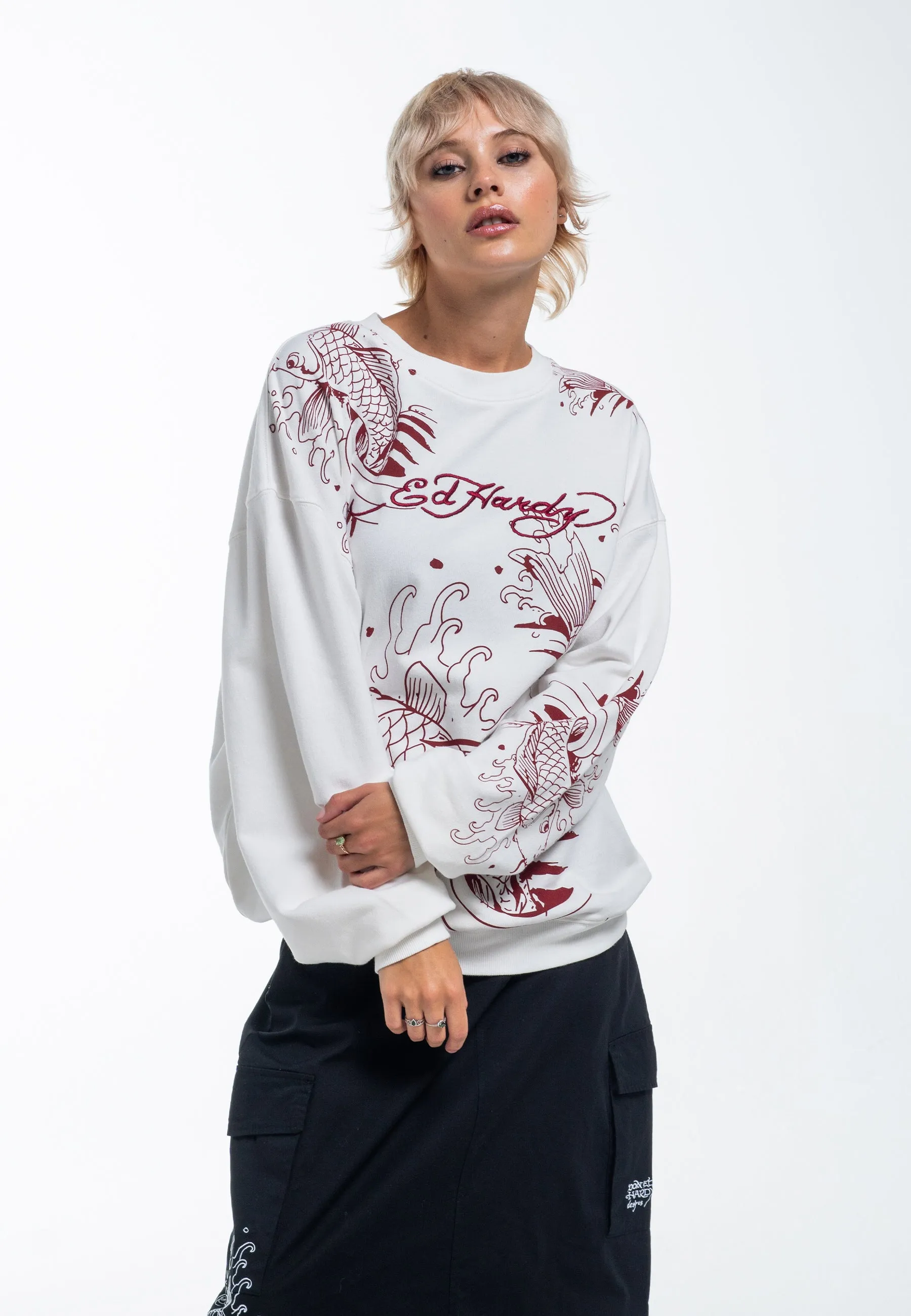 Womens Koi River Relaxed Crew Neck Sweatshirt - White