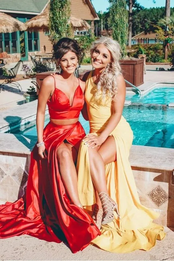 Yellow Prom Dresses,Red Satin Evening Dress Pretty Prom Dresses    fg1465