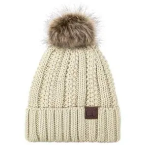 YJ-820 SHERPA LINED BEANIE W/FAUX FUR POM - BEIGE