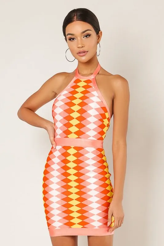 Zegler Halter Neckline Orange Multi-Color Mini Dress