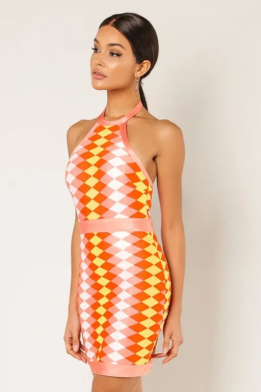 Zegler Halter Neckline Orange Multi-Color Mini Dress